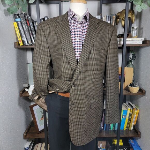 Chaps Men's Sport Coat Blazer Two Button Brown Houndstooth Lambs Wool‎ Size 46L - Picture 1 of 16